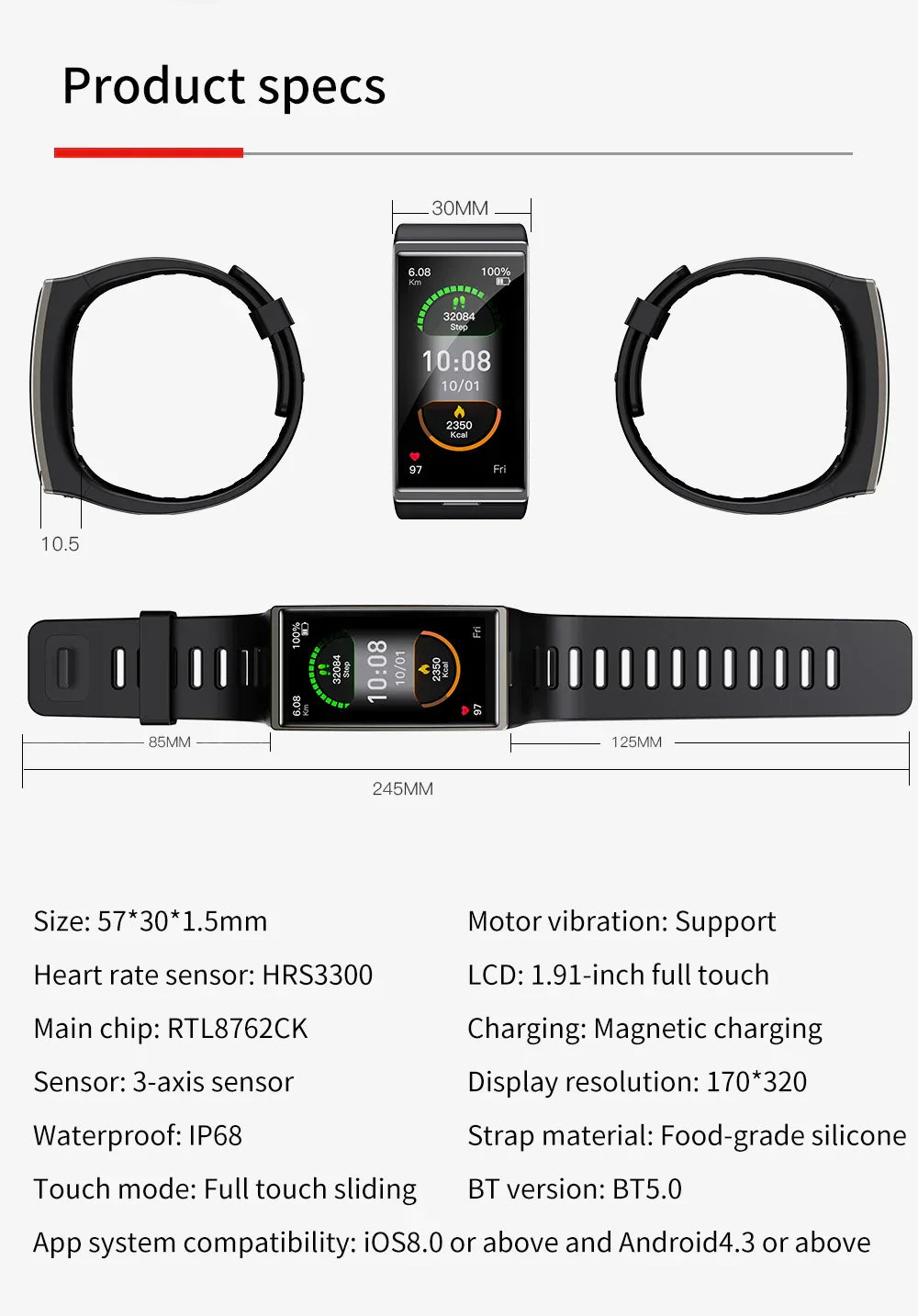 O2Tracker® Splendor - Smartwatch 1.9 Inch IP68 Waterproof Sport Heart Rate Blood Pressure Android IOS
