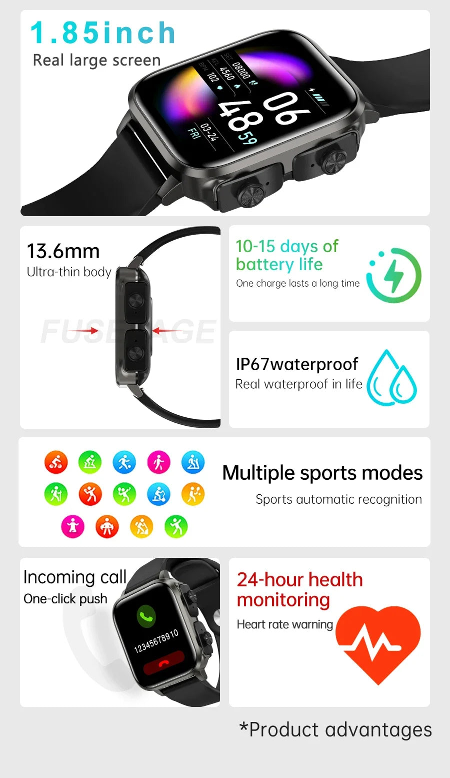 O2Tracker® Unite -Smart Watch With Bluetooth Earphone Waterproof, Touch Big Display Screen Best Relog Inteligente
