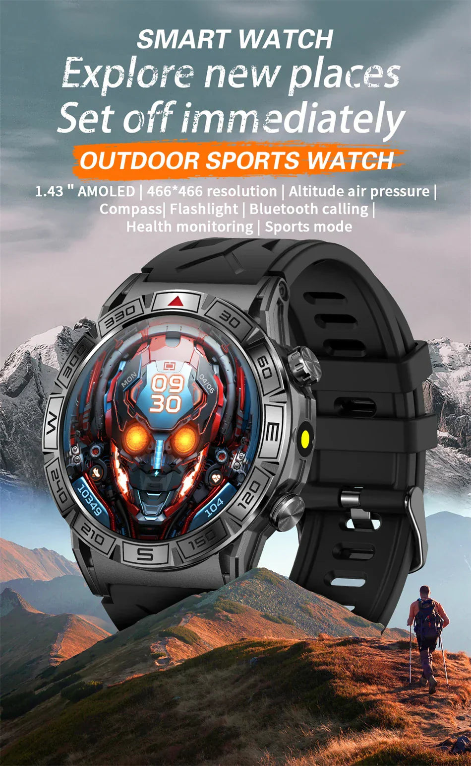 O2Tracker® Shield - Smart Watch Men Altitude Compass GPS Sports 1ATM Waterproof Watch Bluetooth Talk SmartWatches