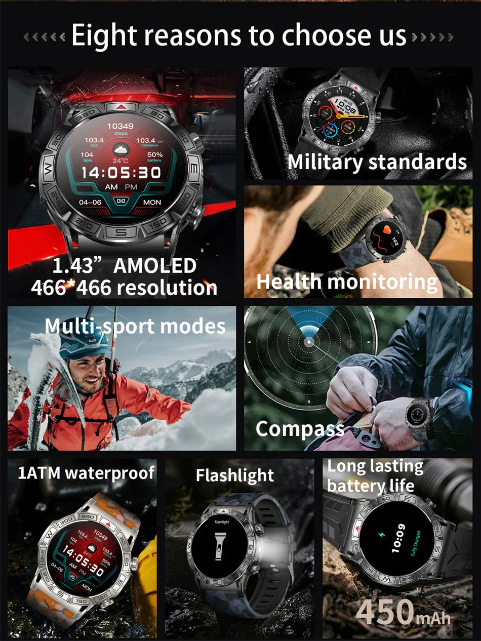 O2Tracker® Shield - Smart Watch Men Altitude Compass GPS Sports 1ATM Waterproof Watch Bluetooth Talk SmartWatches