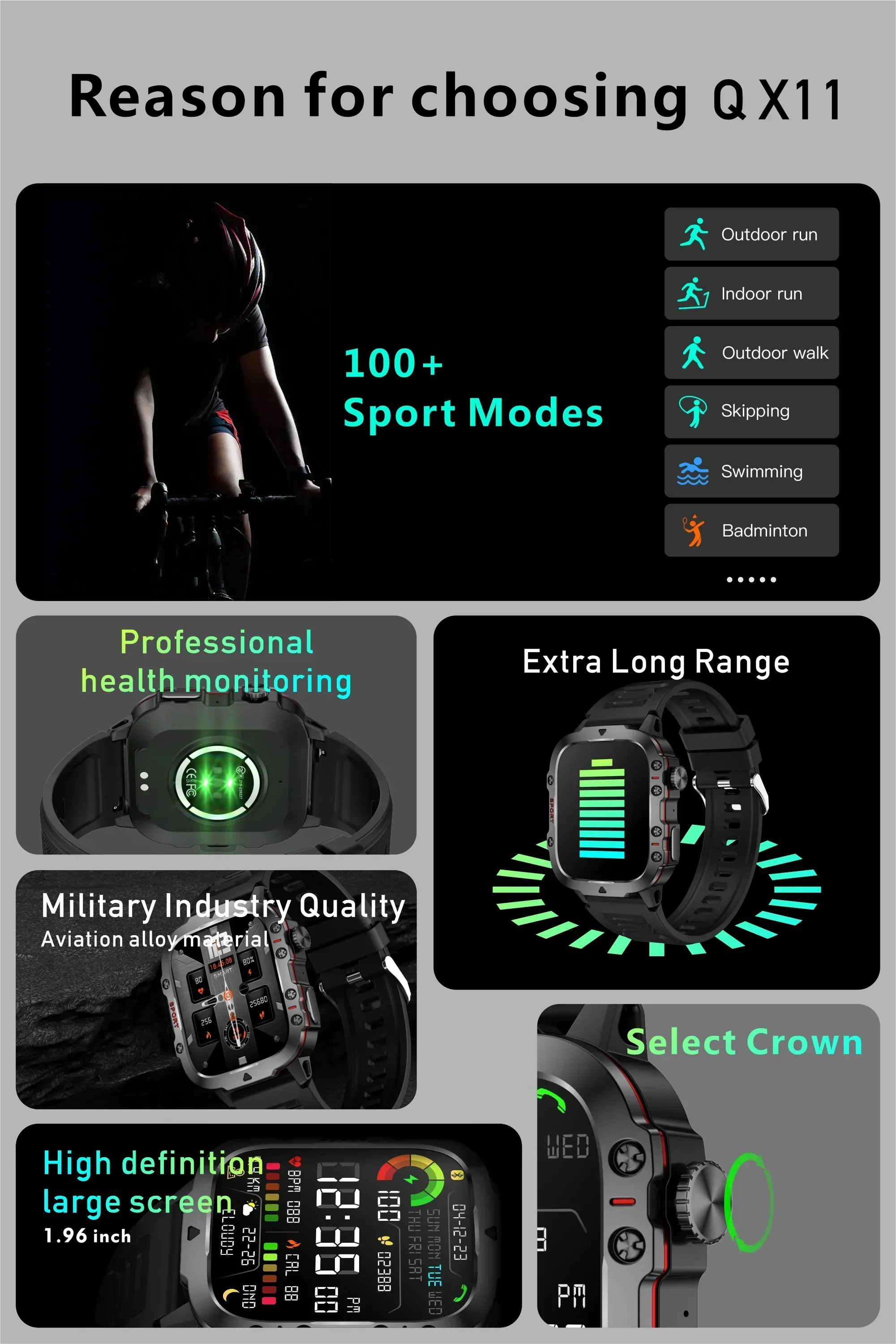 O2Tracker® Apache - New 420mAh large battery outdoor sports men's smartwatch 1.96 inches 240 * 282 multi sport mode 100